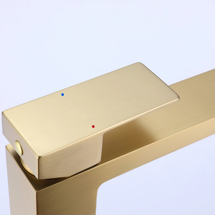 Brushed gold single hole faucet handle temperature indicator detail