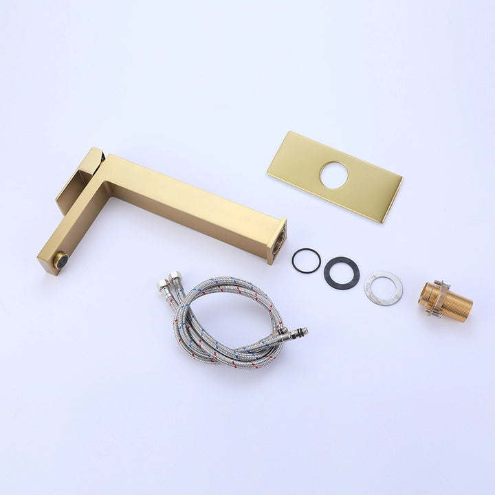 Brushed gold single hole faucet with deck plate and parts