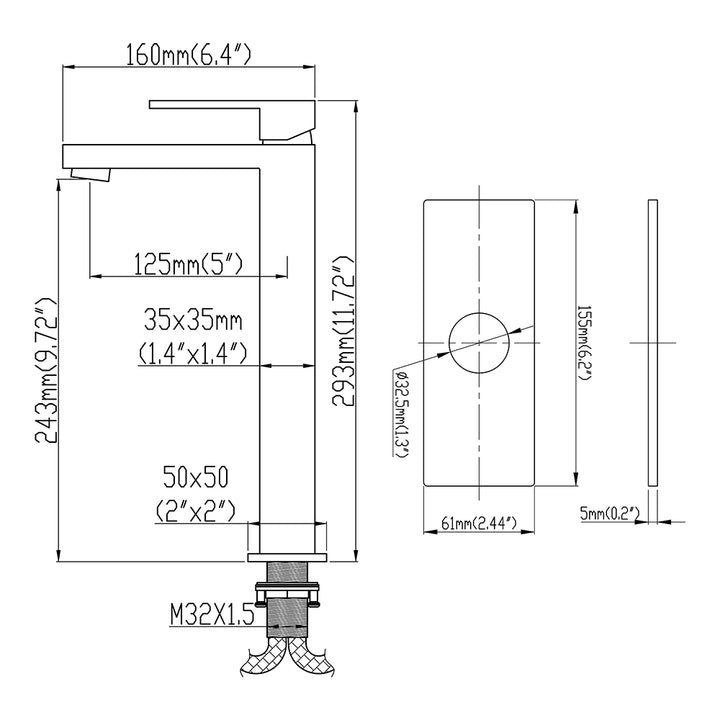 Single hole faucet dimension drawing for installation reference