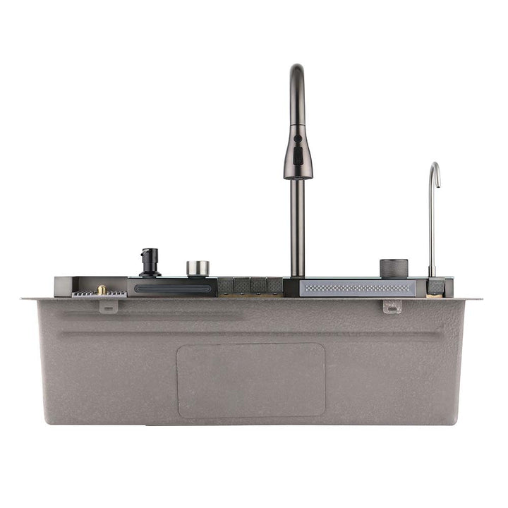 Sink side view kitchen sink with faucet and accessories