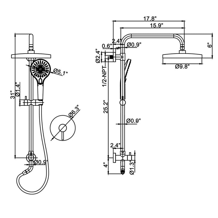 Size chart Matte Black shower