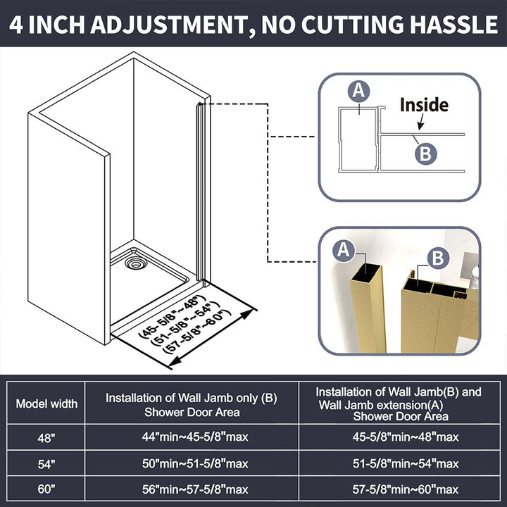 4-inch adjustment for sliding shower door with no cutting hassle during installation