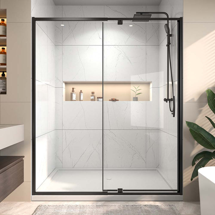 Black sliding shower door front view installed in modern bathroom