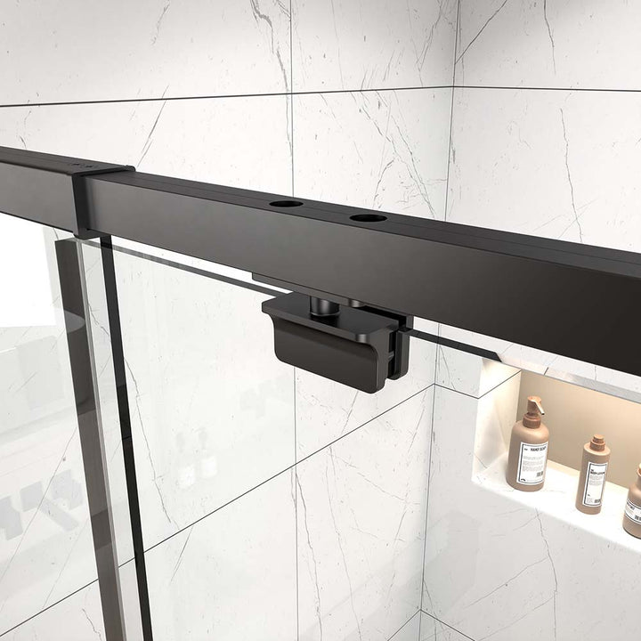Black sliding shower door with durable metal track and hardware