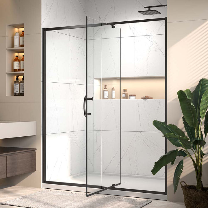 Black sliding shower door with modern frameless design