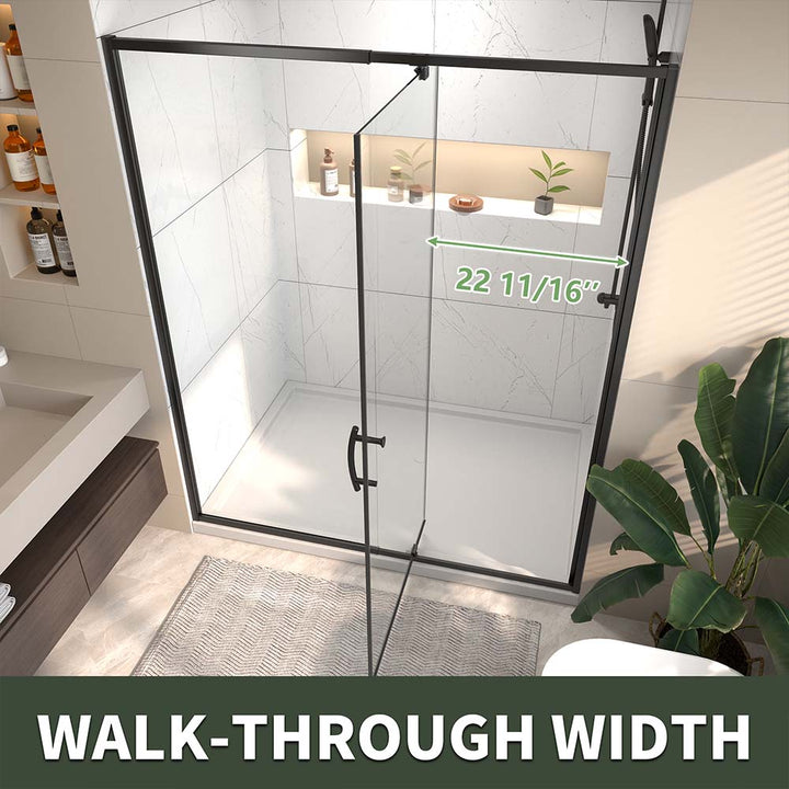 Black sliding shower door walkthrough width 22 11/16 inches