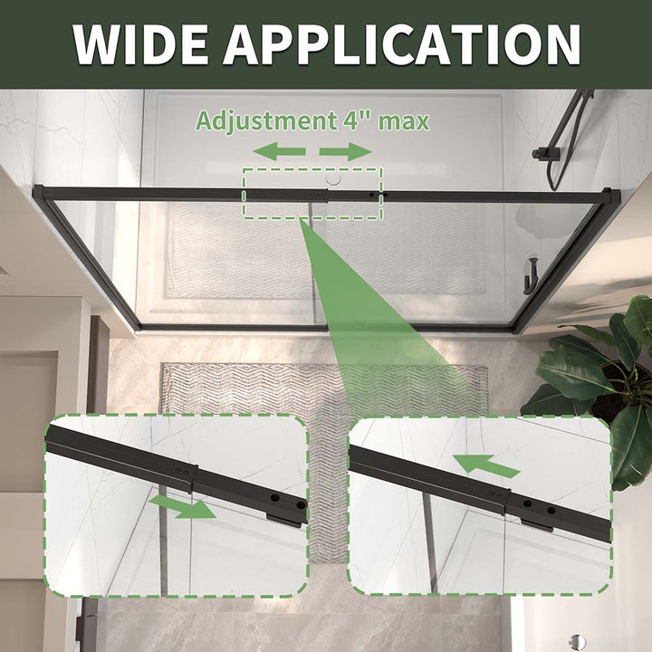 Sliding shower door black with 4 inch max width adjustment feature
