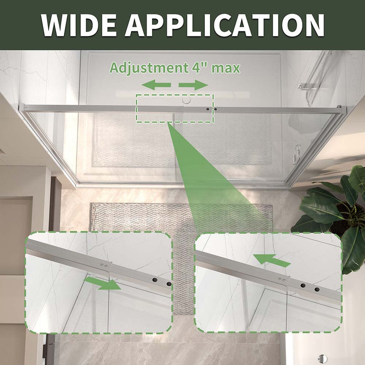 Brushed nickel sliding shower door with 4 inch adjustable width for wide application