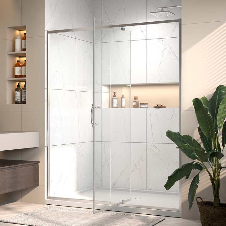 Brushed nickel sliding shower door modern bathroom view