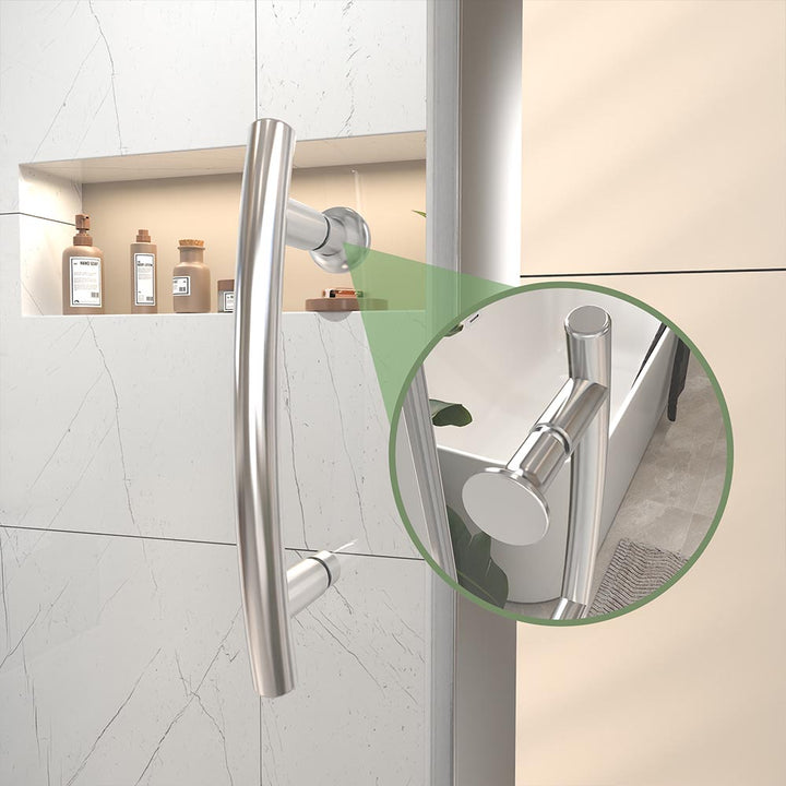 Brushed nickel sliding shower door handle detail