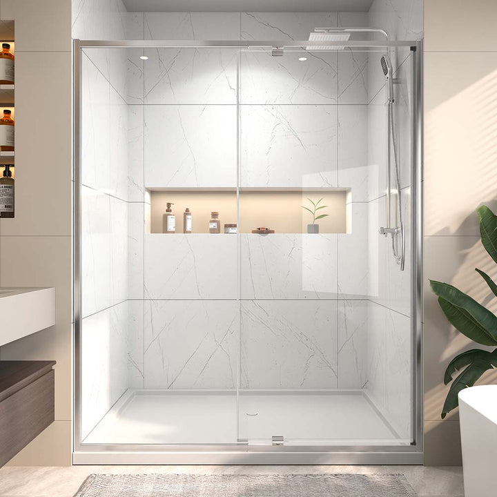 Brushed nickel sliding shower door full view in bathroom
