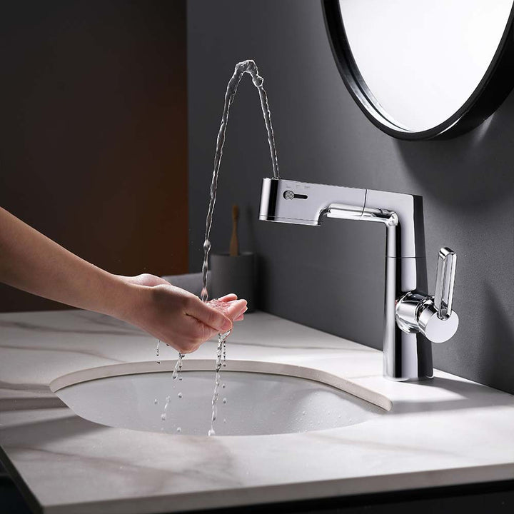 Smart bathroom faucet with temperature display and flowing water in modern setting