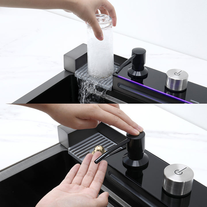 Smart kitchen sink with cup rinser and built in soap dispenser function