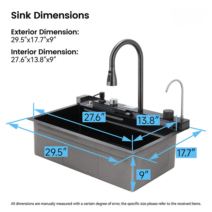 Smart kitchen sink dimensions showing 29x18x9 inch size with faucet