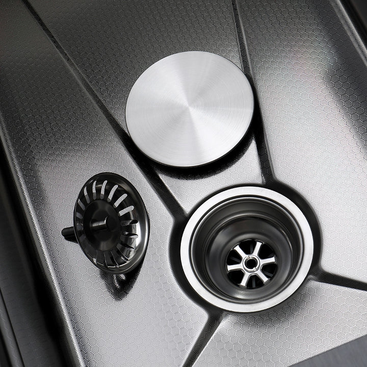 Smart kitchen sink drain and strainer close-up view