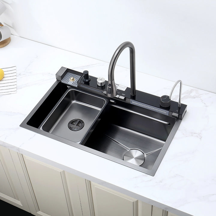 Smart kitchen sink with dual basins and multifunction faucet system