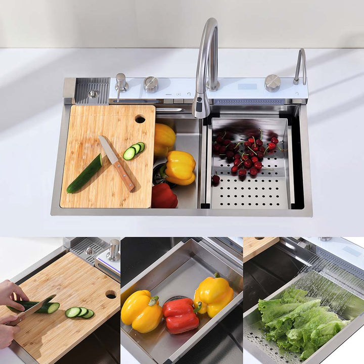 Smart kitchen sink with cutting board and washing fruits vegetables