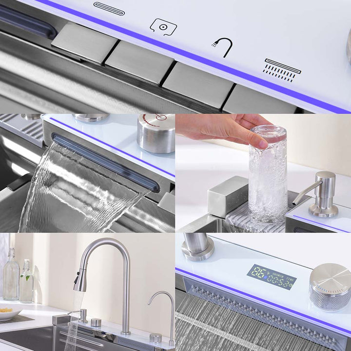 Smart kitchen sink with waterfall faucet, glass washer and LED panel