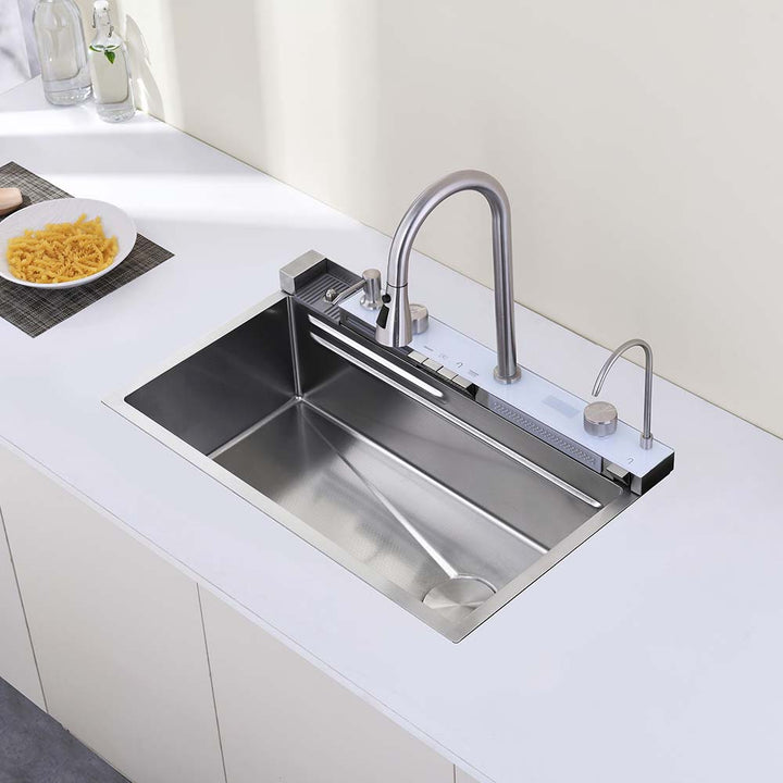 Smart kitchen sink stainless steel overhead countertop view