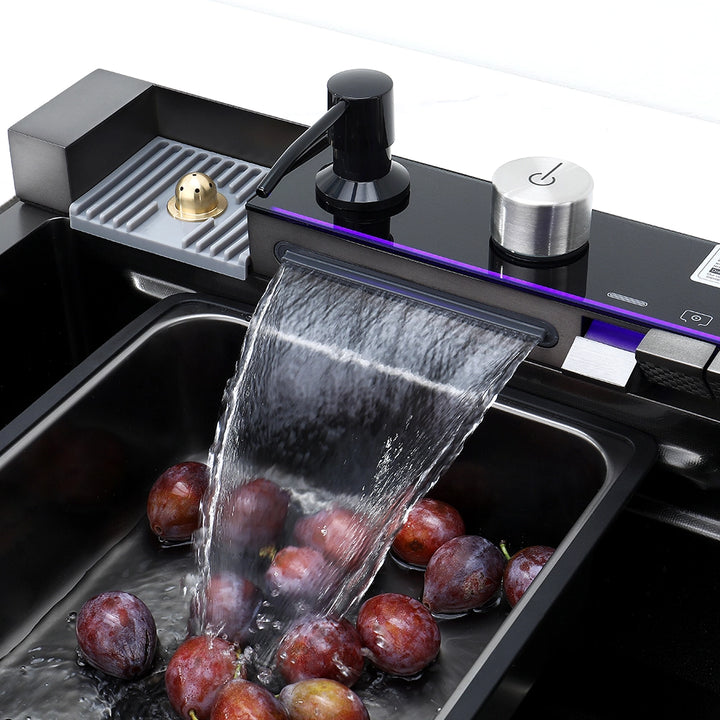Smart kitchen sink with multifunction workstation top view