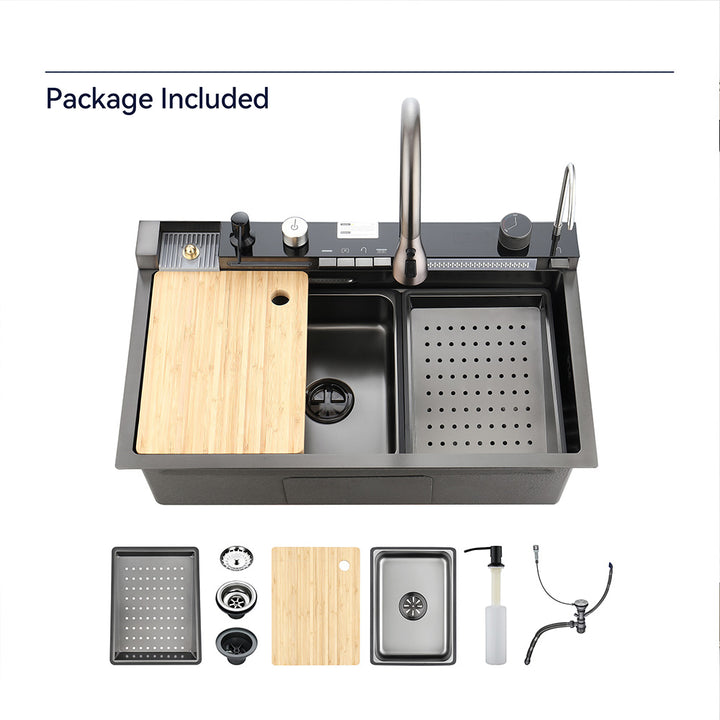 Smart kitchen sink package includes faucet cutting board and accessories