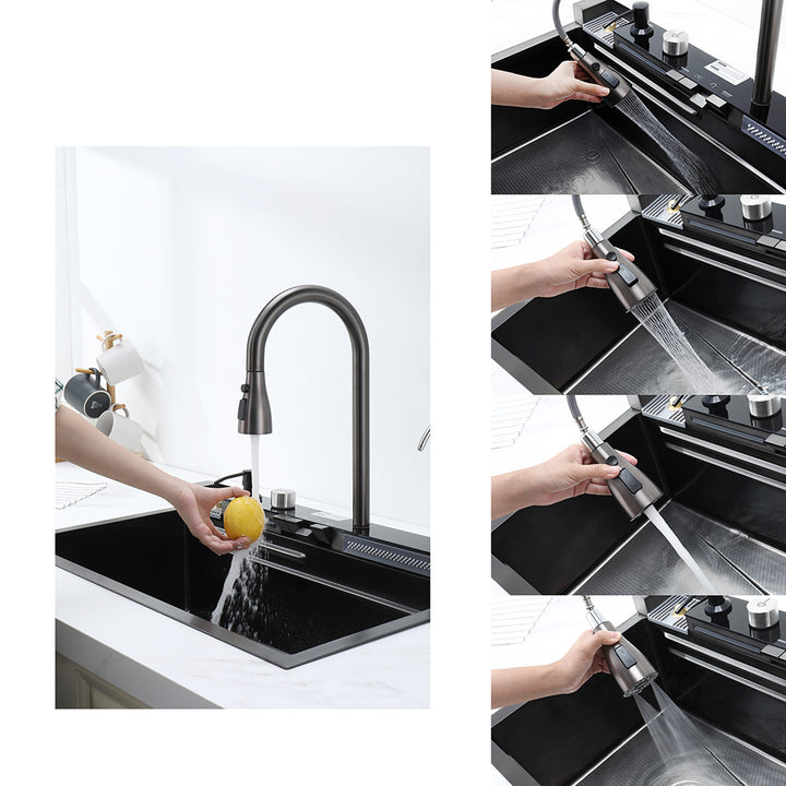 Smart kitchen sink pull down faucet showing multiple spray water modes