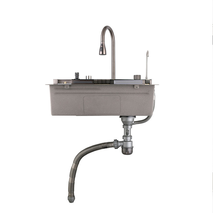Smart kitchen sink side view showing drain pipe and faucet installation