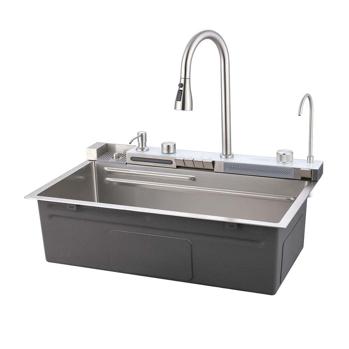Smart kitchen sink full view with faucet, filter tap and control knobs