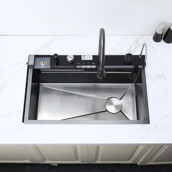 Smart kitchen sink top view with integrated faucet and modern functions