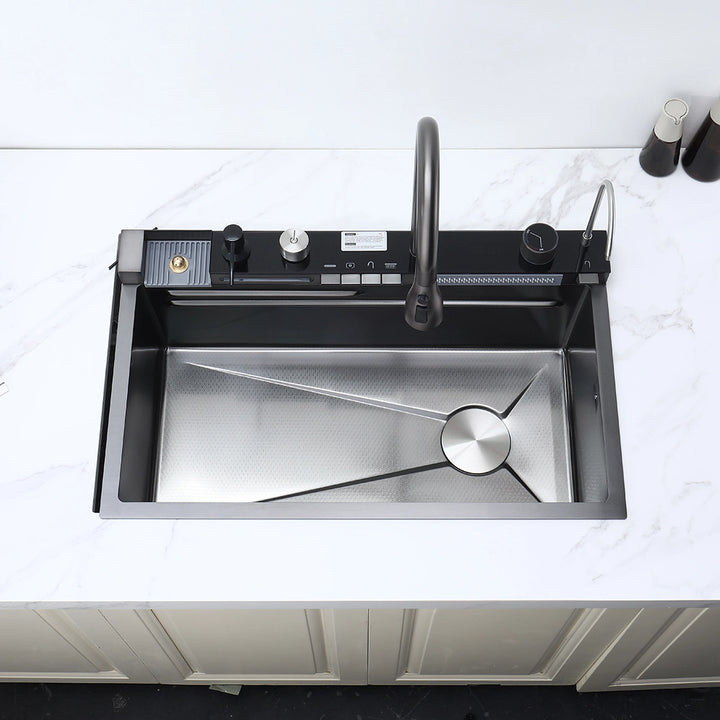 Smart kitchen sink top view with integrated faucet and modern functions