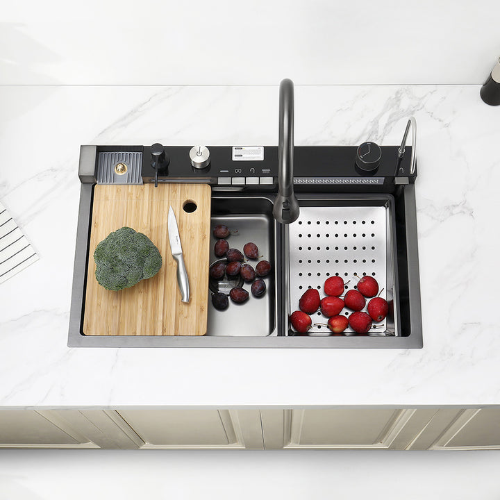 Smart kitchen sink top view showing cutting board faucet and drain basket