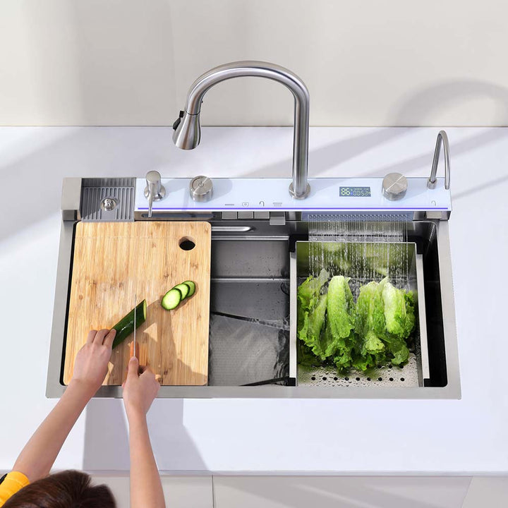 Smart kitchen sink washing vegetables with cutting board function