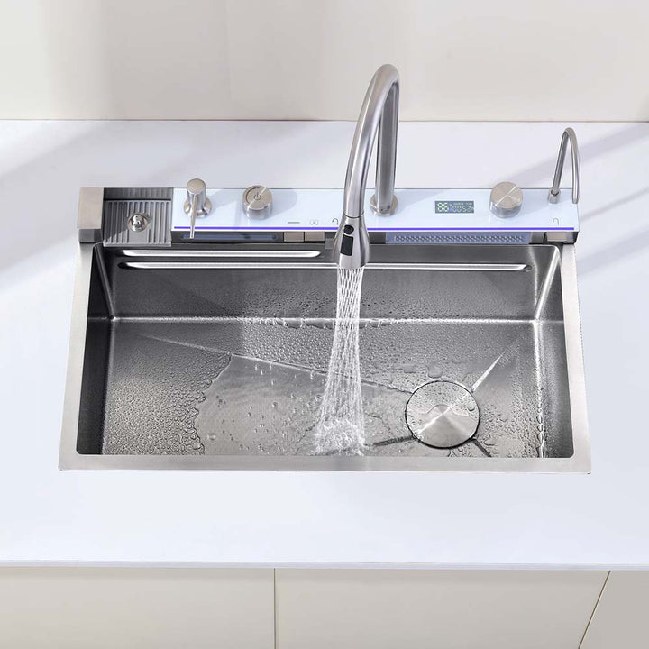 Smart kitchen sink with running water flow and multifunction control panel