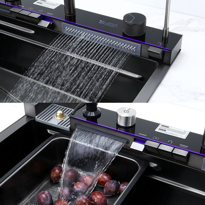 Smart kitchen sink showing waterfall and spray water modes with LED panel