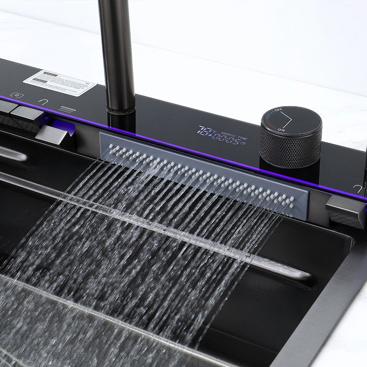 Smart kitchen sink waterfall rinse mode with multi-function design