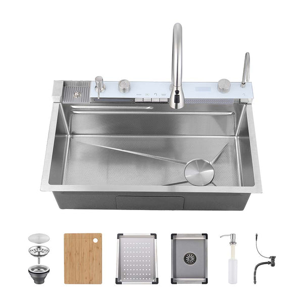Smart kitchen sink with faucet and accessories set