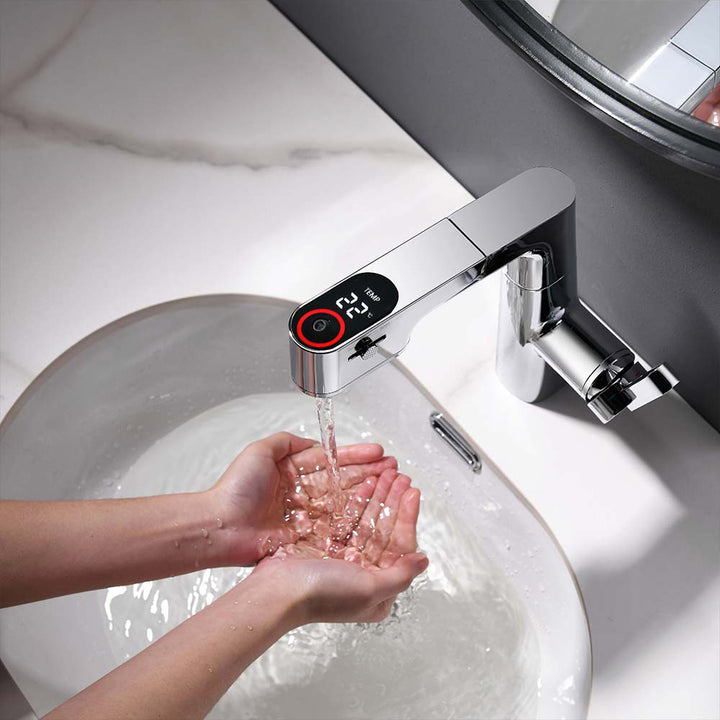 Smart bathroom faucet with temperature display in modern bathroom