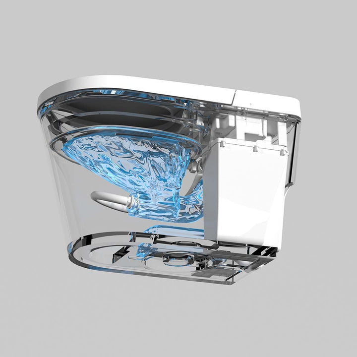 Cutaway view of smart toilet showing internal flushing and nozzle cleaning system
