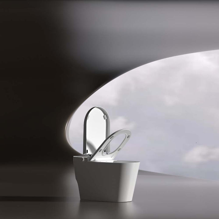 Modern smart toilet with auto-open lid in luxury minimalist bathroom setting