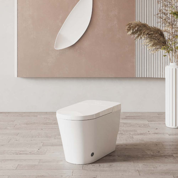 Modern smart toilet in minimalist bathroom, sleek design with advanced hygiene features