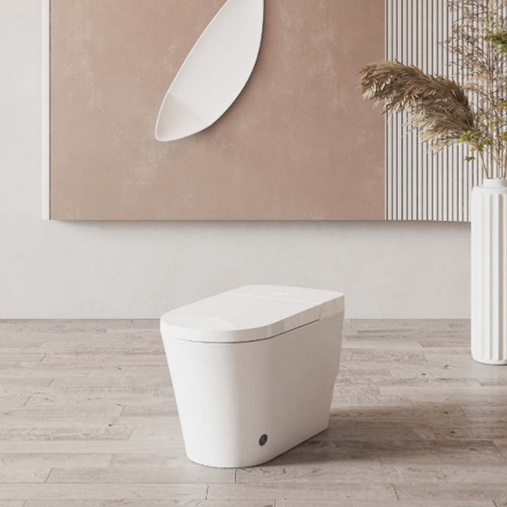 Modern smart toilet in minimalist bathroom, sleek design with advanced hygiene features