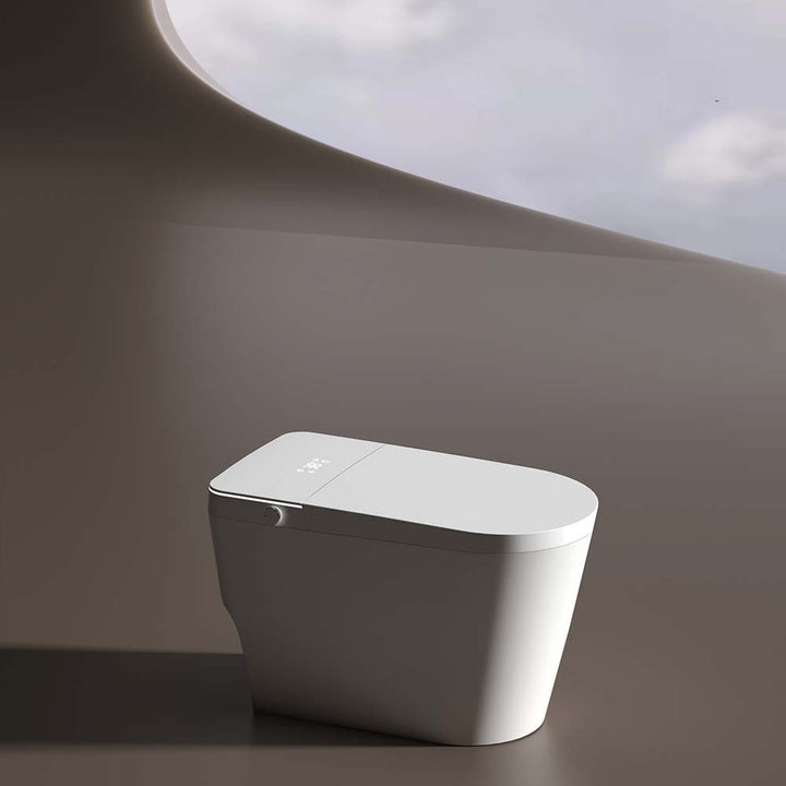 Modern smart toilet with closed lid in minimalist designer bathroom interior