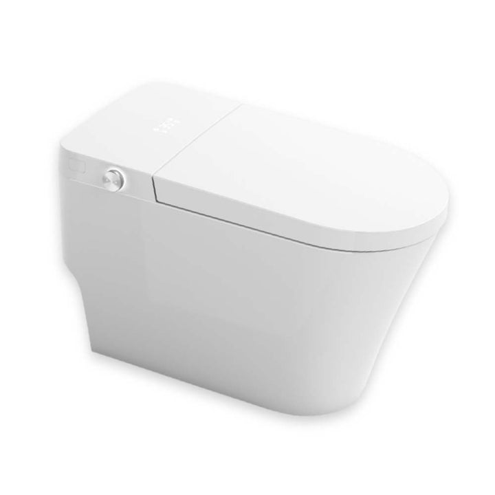Smart toilet with side control knob, sleek design on white background for product showcase