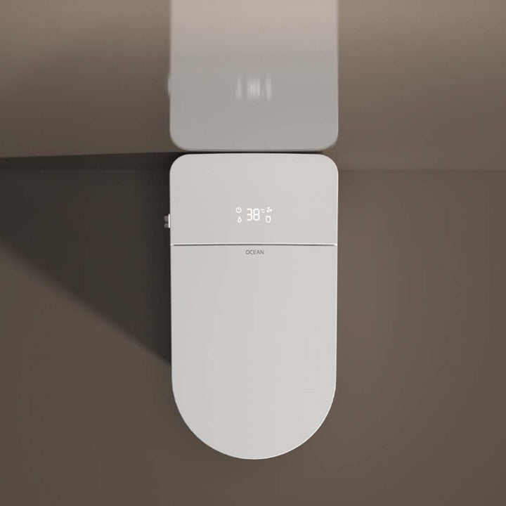 Top view of smart toilet with LED display showing temperature in a minimalist setting