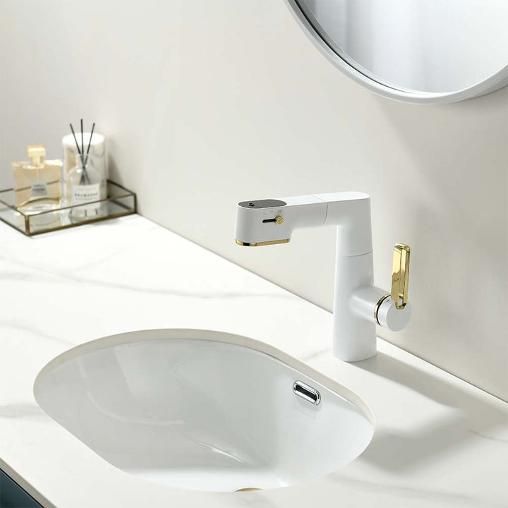 Smart white and gold bathroom faucet on countertop with modern design