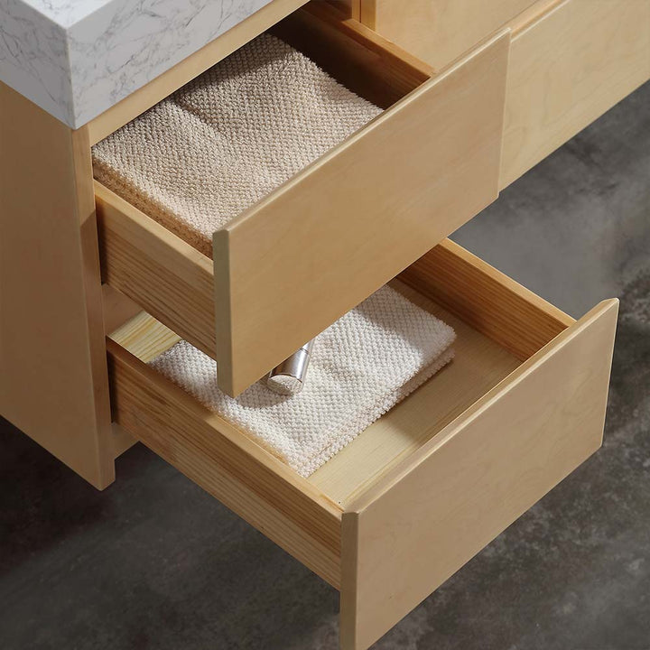 Solid wood bathroom vanity with two storage drawers open