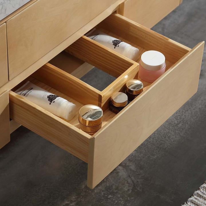 Solid wood bathroom vanity drawer with organizer compartments