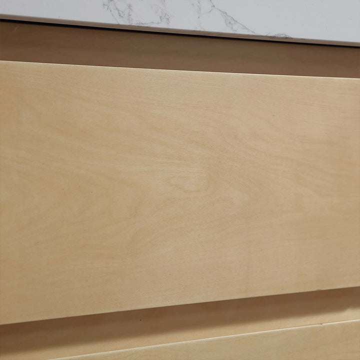Solid wood bathroom vanity drawer panel close-up with smooth finish