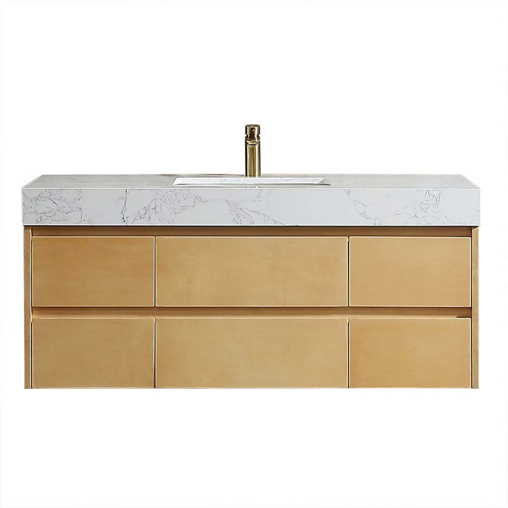 Front view solid wood bathroom vanity with marble countertop