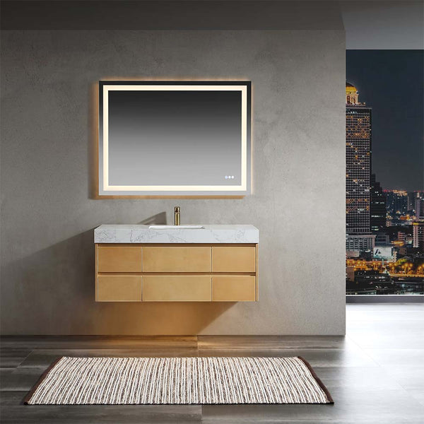 Solid wood bathroom vanity with marble countertop in modern scene